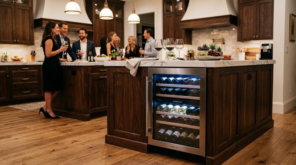 Modern stainless steel wine cooler installed in a contemporary home kitchen.