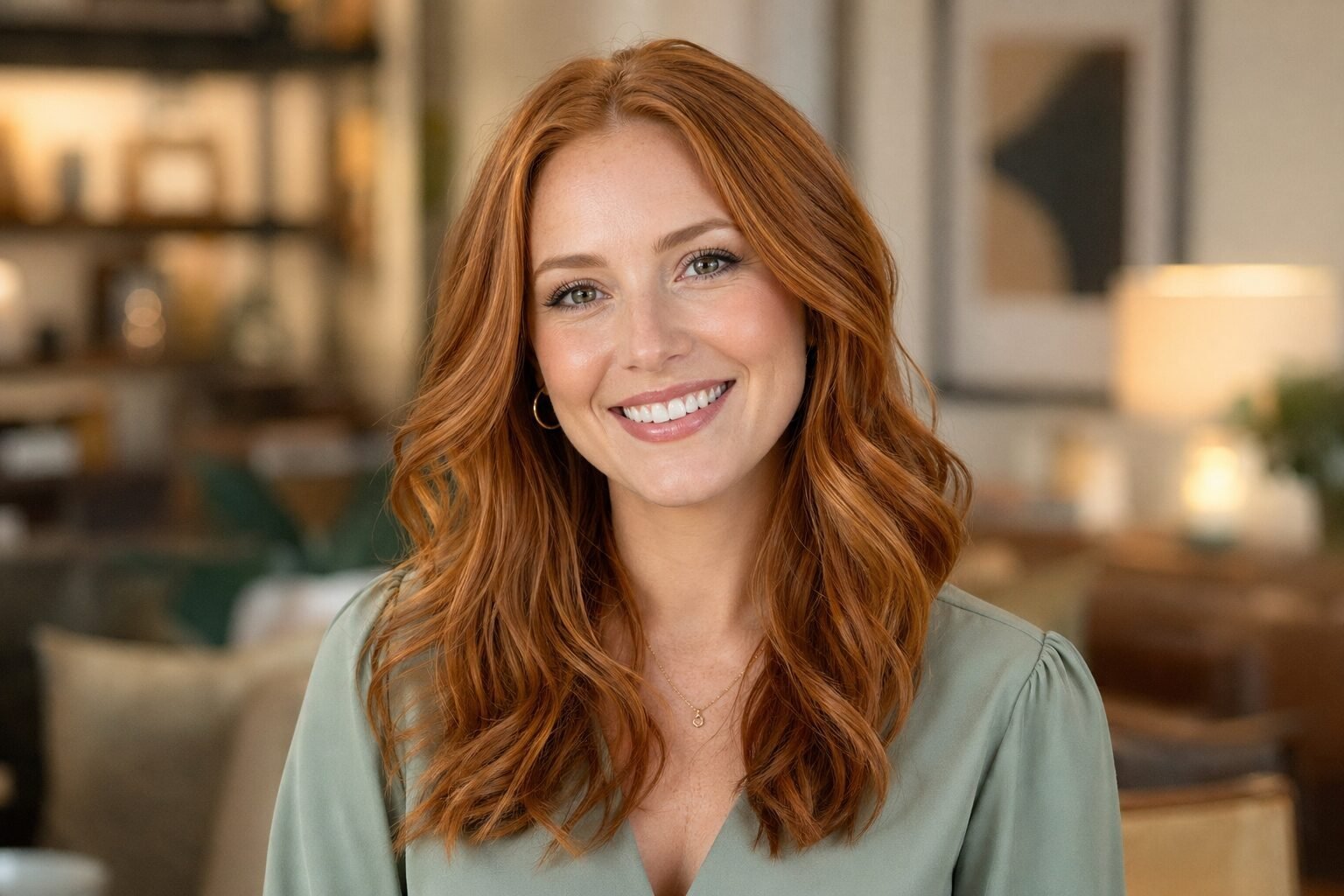 A friendly woman with long wavy red hair wearing a sage green top smiles at the camera.