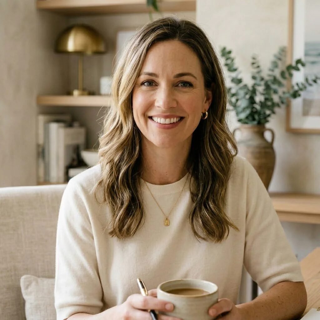 A friendly woman with wavy brown hair smiling while holding a beige mug in a cozy home office setting.