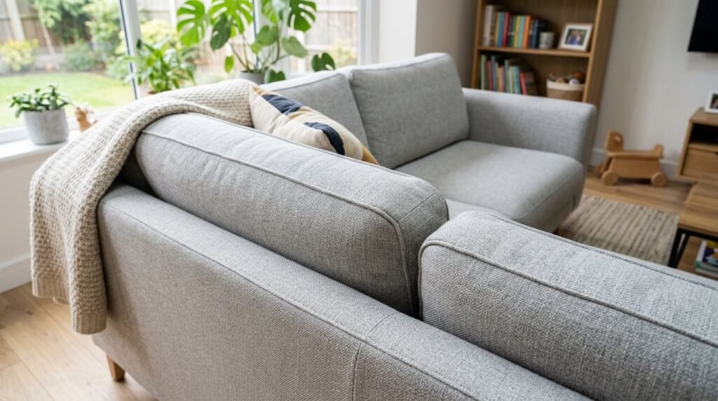 A stylish sofa upholstered in premium textured fabric, shown in a bright contemporary living space.