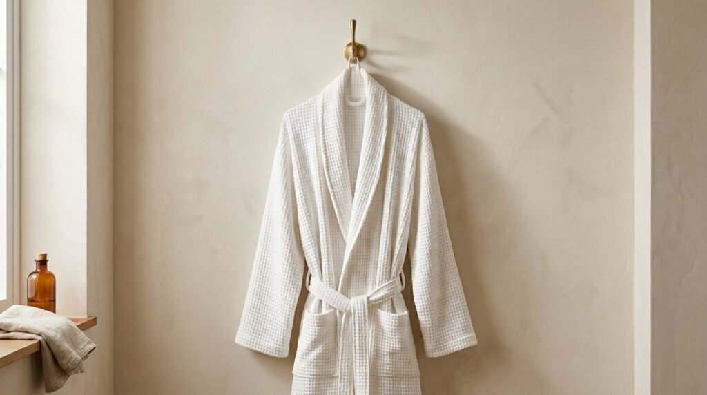 A cozy plush bathrobe hanging neatly against a neutral wall in a bright home interior.