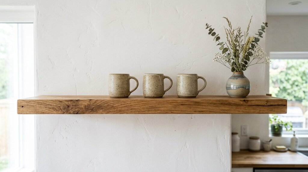 A close up view of a handcrafted solid oak wooden shelf mounted on a white wall.