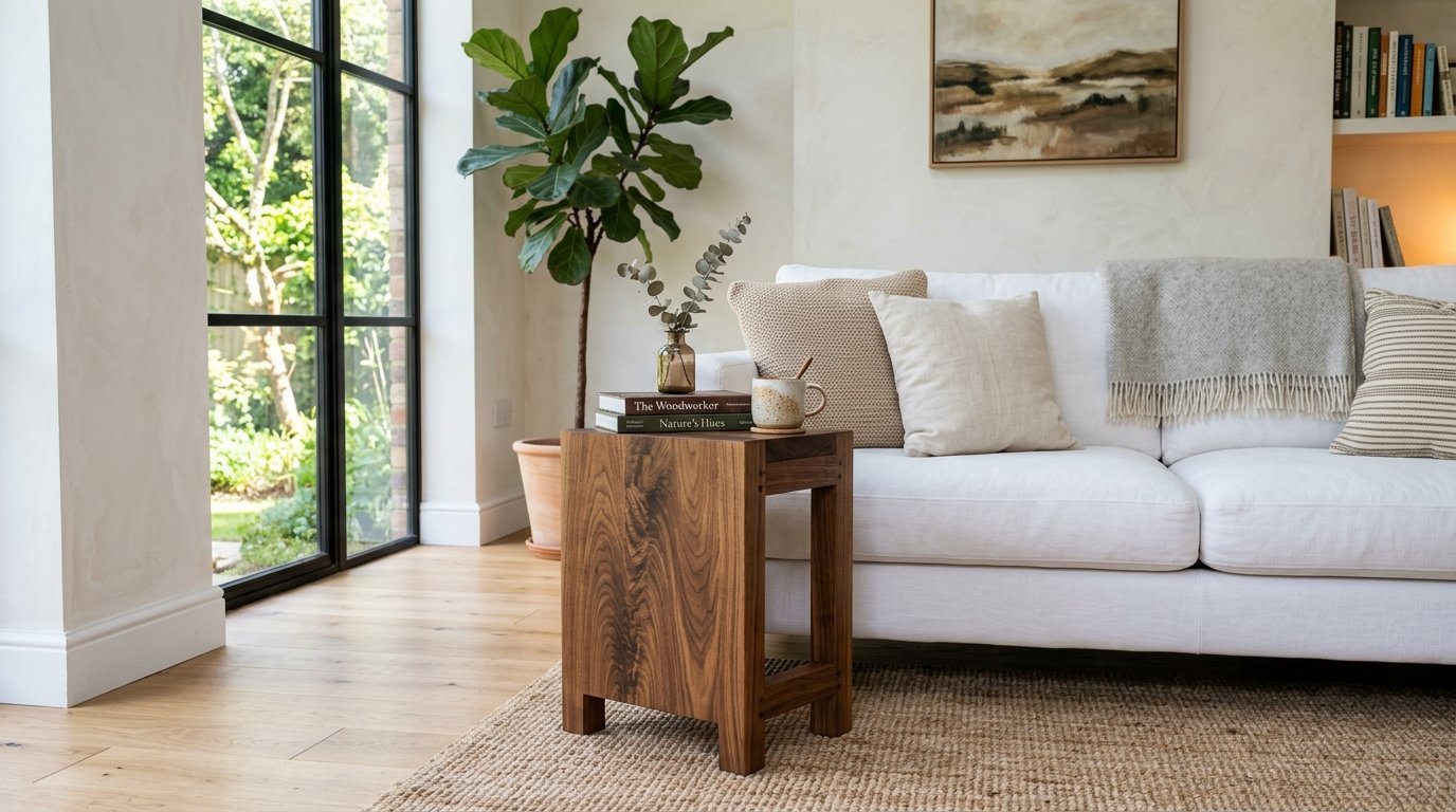 A dark wood end table holding a cup and books next to a white couch in a brightly lit room.