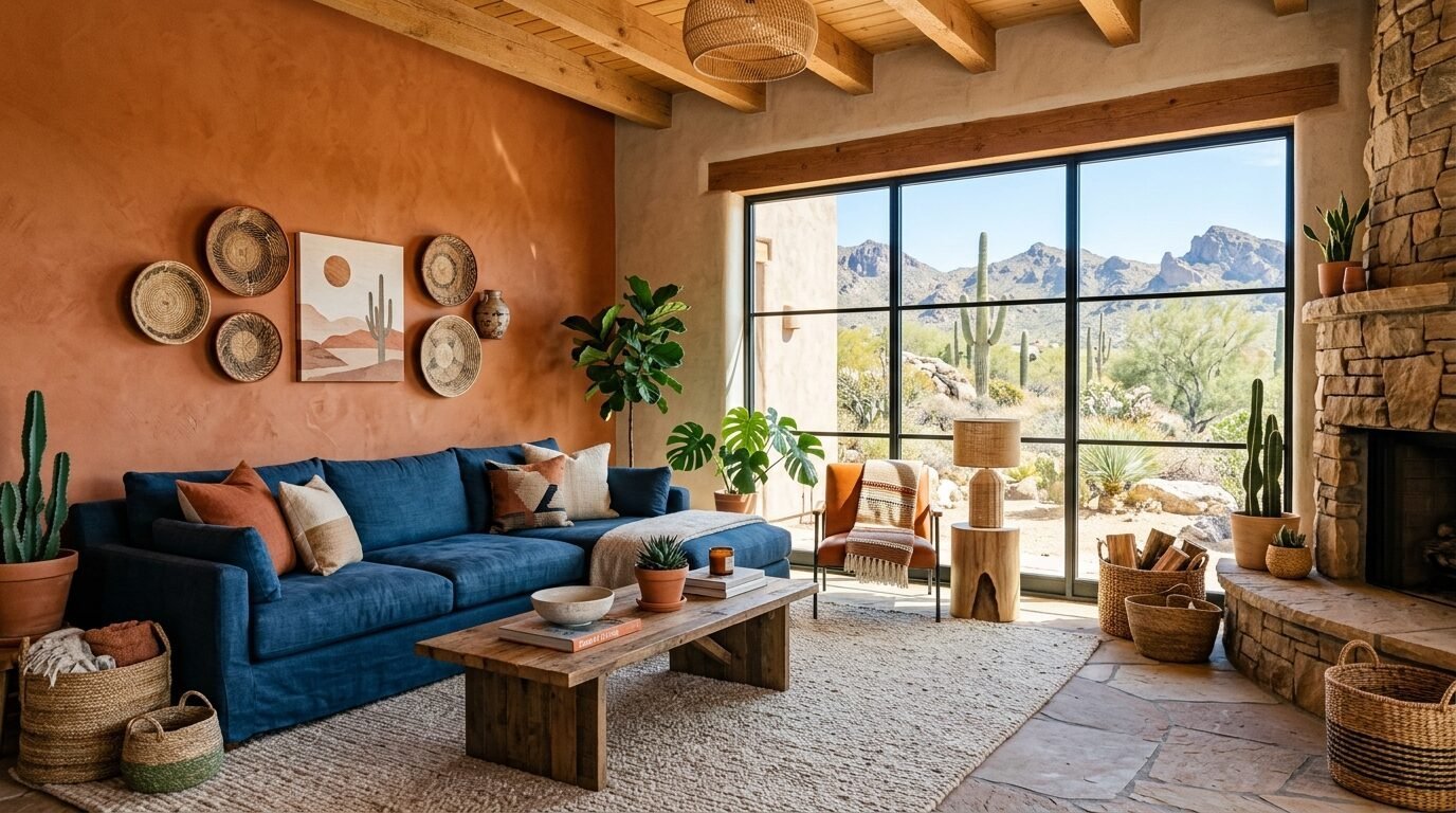 Modern rustic living room with a cobalt couch, terracotta walls, and large windows overlooking a mountain desert view.