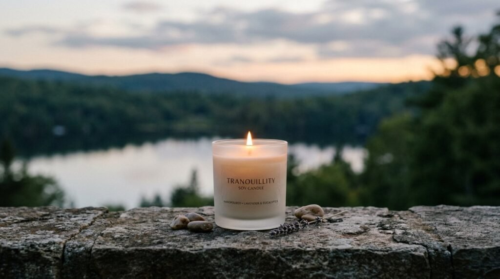 Close up of a natural soy wax candle burning with a gentle flame