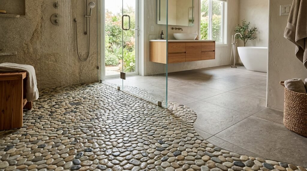 A serene spa-style bathroom interior featuring elegant natural pebble stone flooring and minimalist decor.