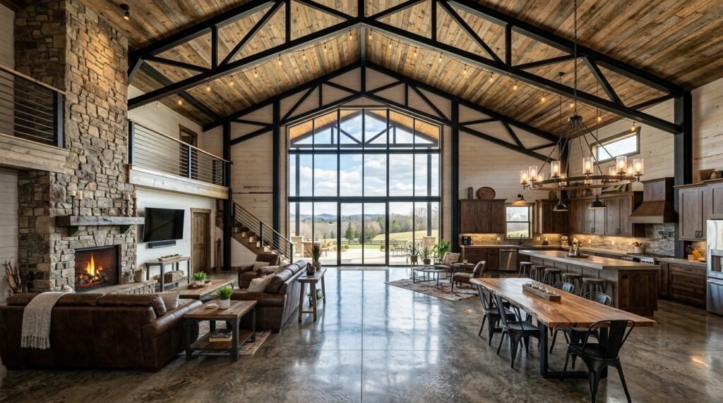 Spacious open concept great room inside a modern barndominium with high ceilings and rustic wood accents.