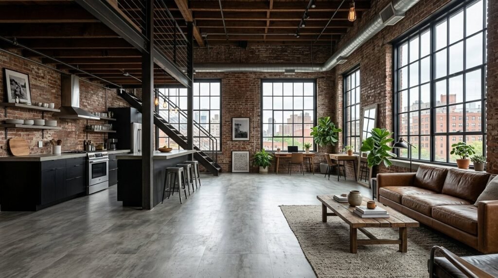 A wide angle view of an industrial loft space with high ceilings and architectural features.