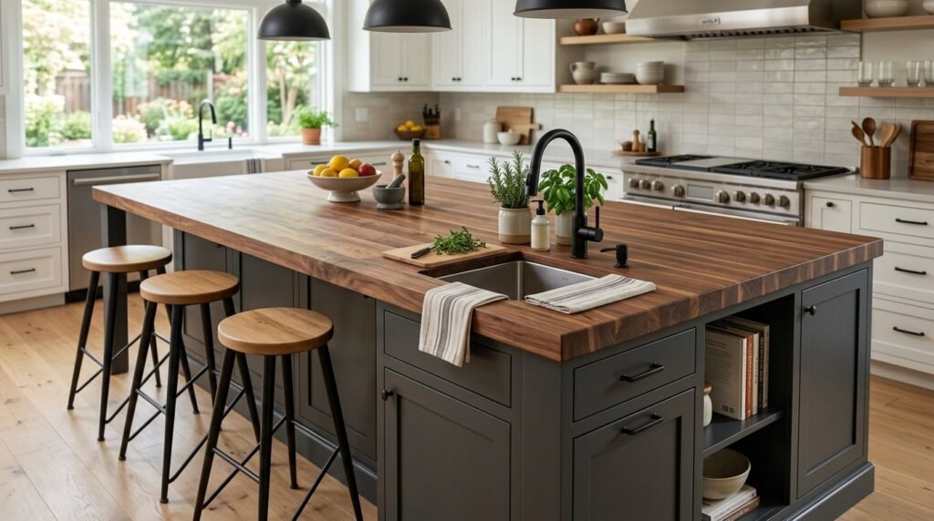 A large kitchen island centerpiece in a bright, modern kitchen design with premium countertops.