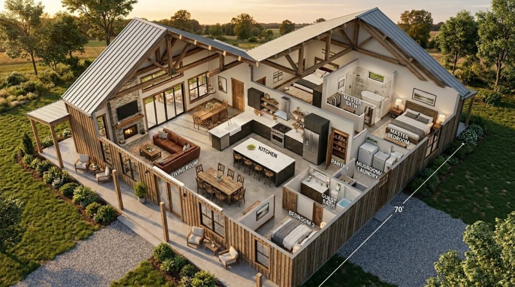 Spacious open concept floor plan for a modern ranch barndominium layout.