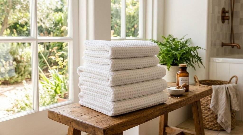 A neat stack of blank white paper sheets on a neutral desk surface.
