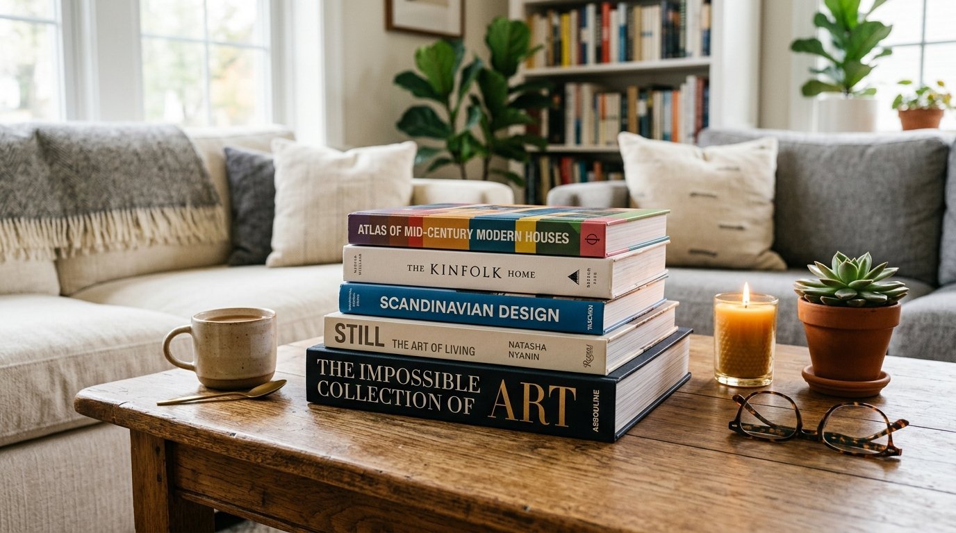 A stack of coffee table books including The Kinfolk Home and Scandinavian Design on a rustic wood table with a candle.