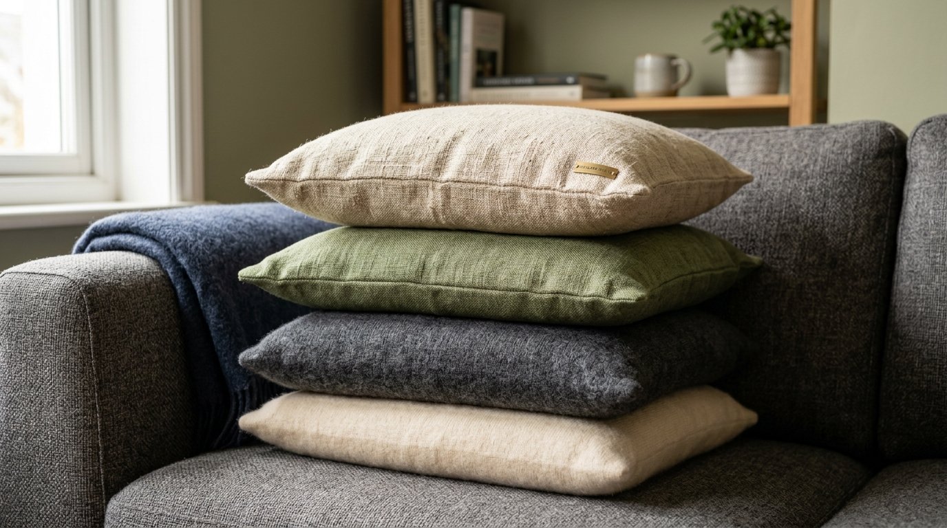Four rectangular linen throw pillows stacked on a grey couch beside a dark blue blanket.