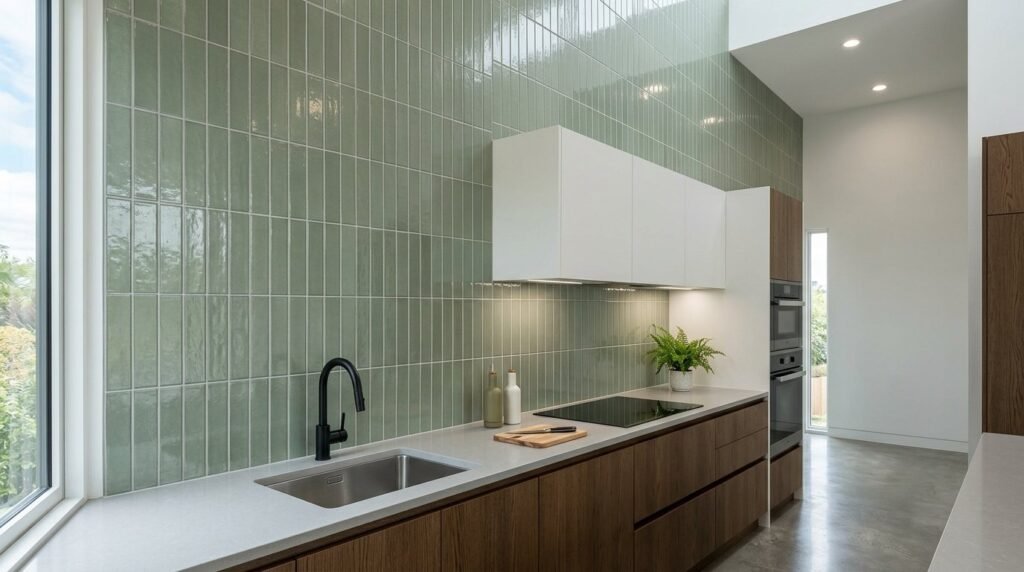 A close-up of stacked sage green ceramic objects arranged in a minimalist modern style.