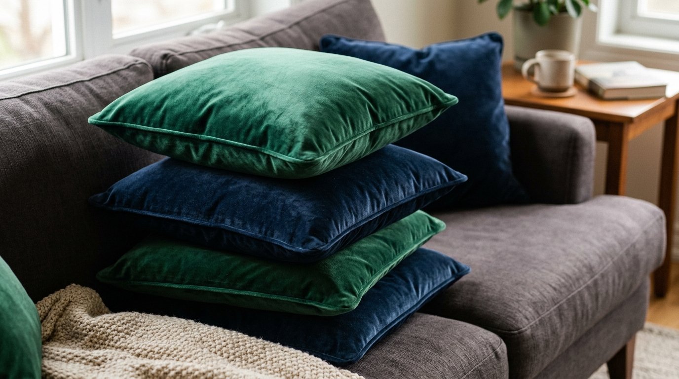 Four plush green and blue velvet pillows layered on a charcoal grey living room sofa.