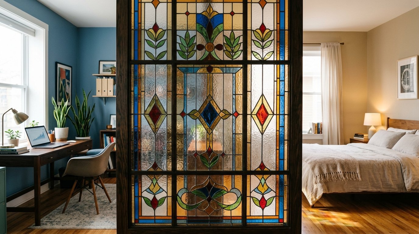 Colorful geometric stained glass screen between a blue home workspace and a sunlit bedroom.
