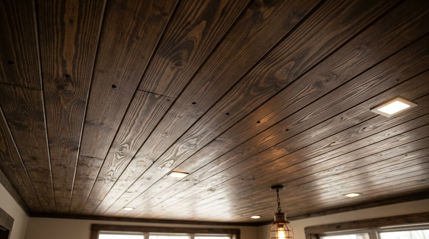 A close-up view of a dark stained wooden tongue and groove ceiling with recessed square lights and a hanging lamp.