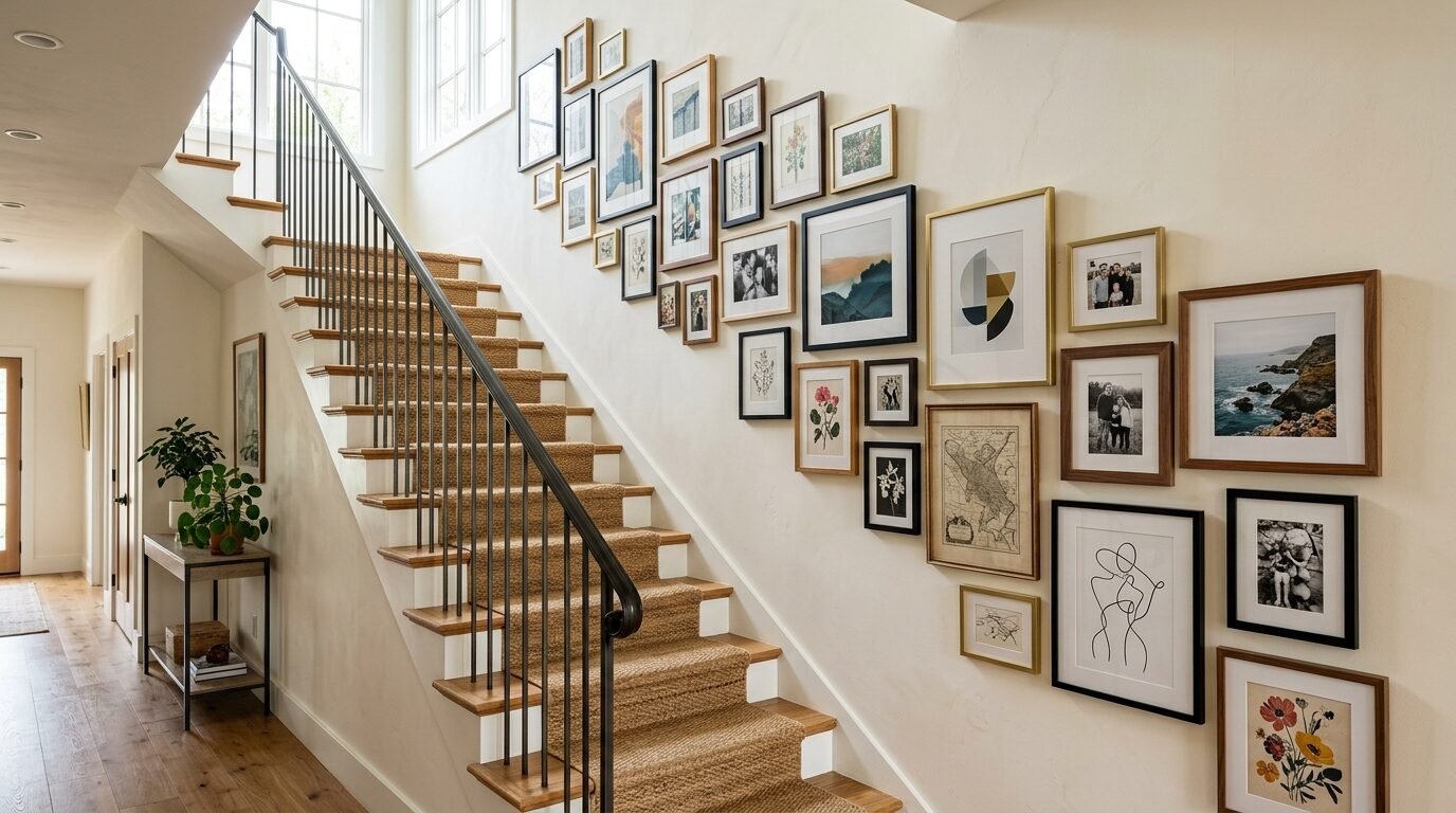 Many framed photos and art prints of various sizes arranged on a cream wall next to carpeted stairs.
