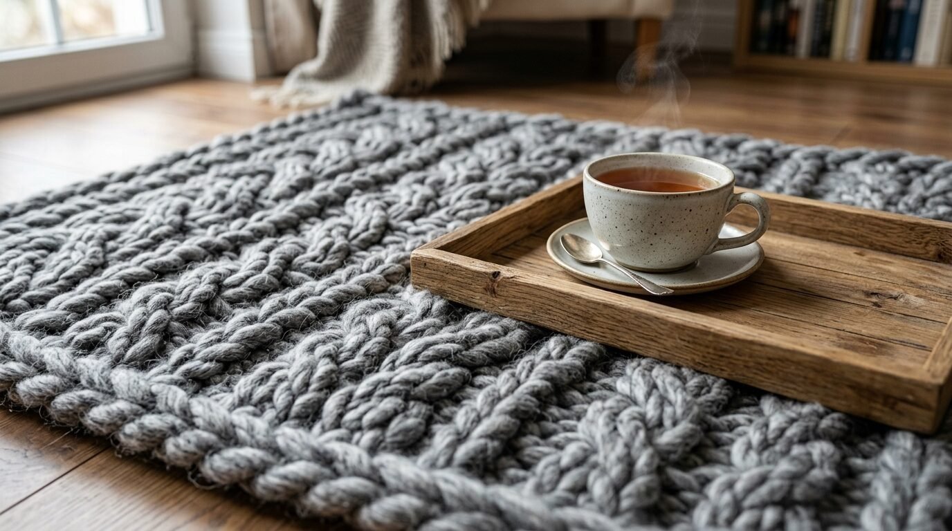 Hot cup of tea with a silver spoon on a wood tray placed atop a thick grey braided wool rug on a hardwood floor.
