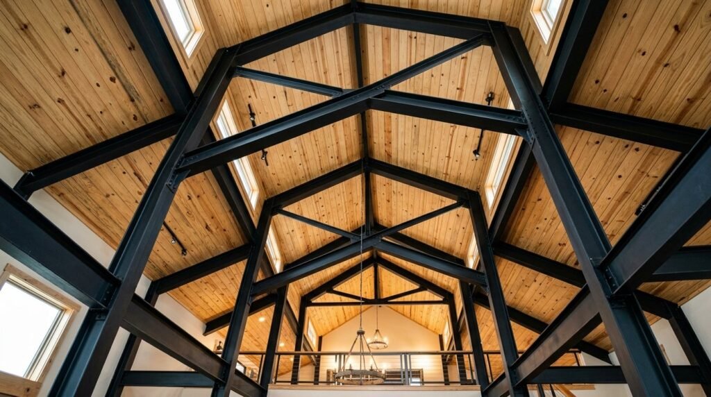 Close up of heavy steel beams structured against a bright afternoon sky at a construction site.