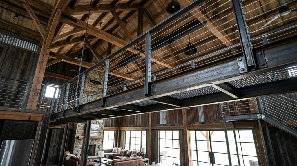 A long industrial steel catwalk walkway extending through a large modern facility.