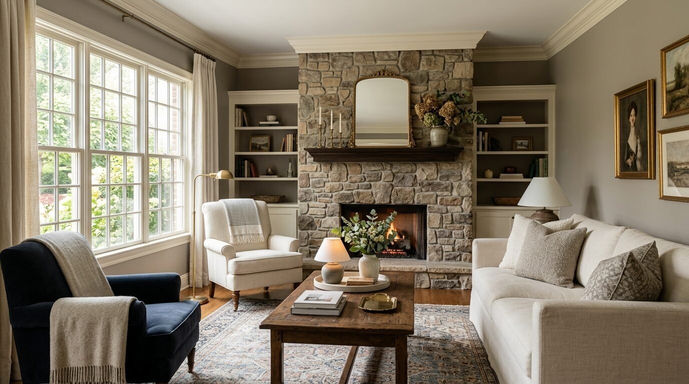 Traditional living room with a stone fireplace, beige sofa, dark blue armchair, and built-in bookshelves.