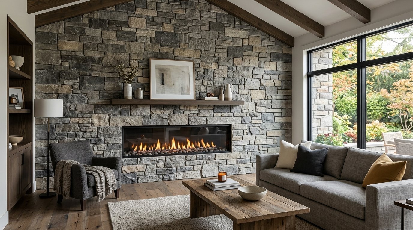 Modern living room featuring a floor-to-ceiling stone fireplace wall with a linear gas fire and wooden mantel.