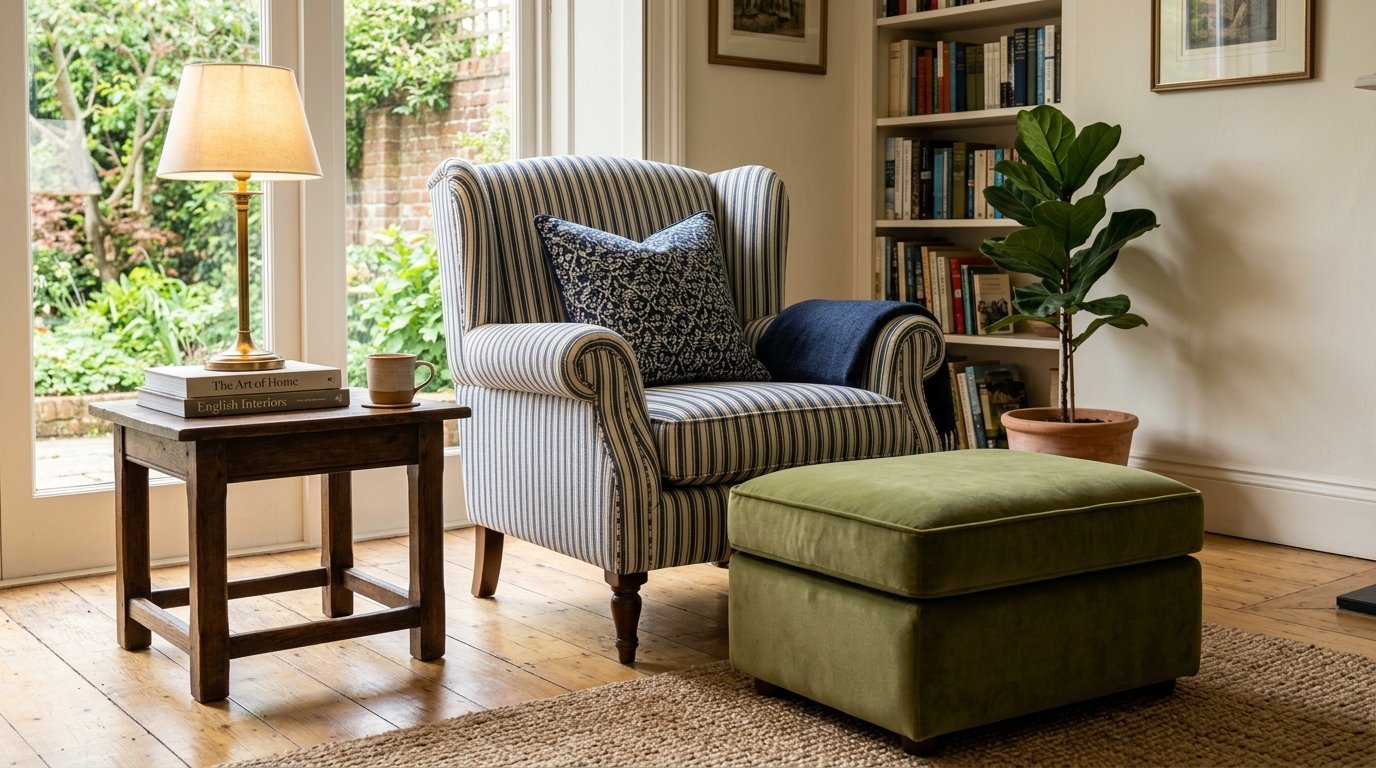 A cozy reading corner featuring a striped armchair, green ottoman, side table with lamp, and a bookshelf.