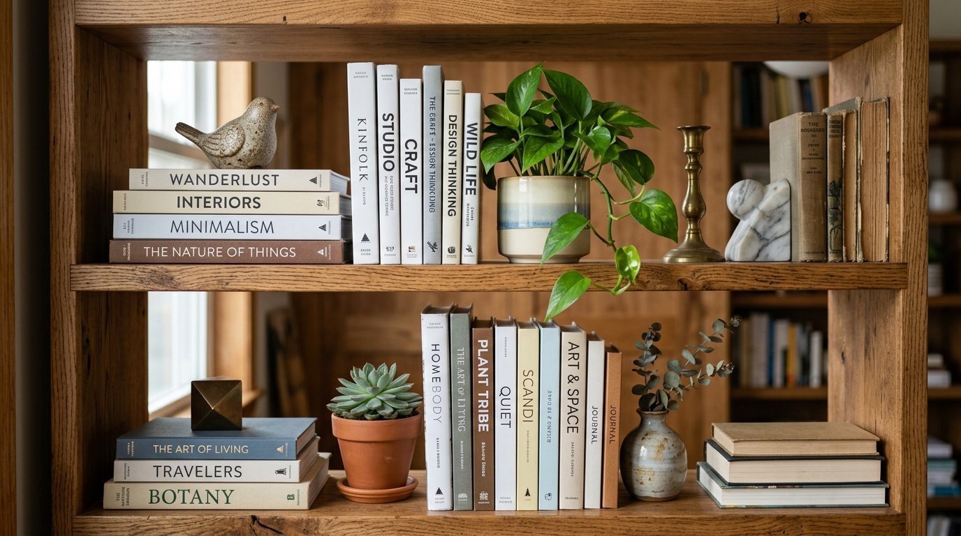 Wooden shelves with stacked books, a potted pothos, a succulent, and decorative items.