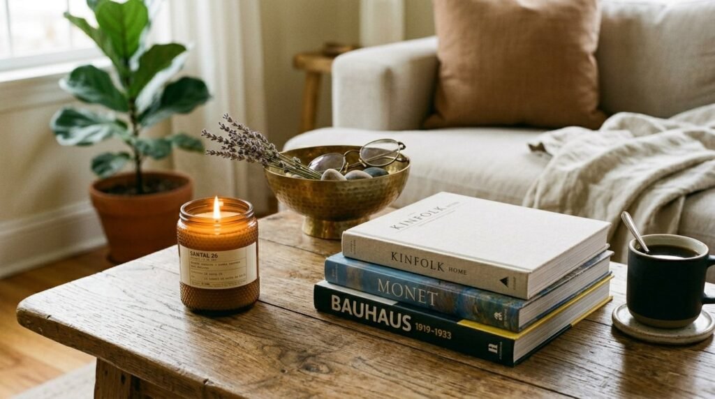 A curated coffee table vignette featuring books, a ceramic vase, and decorative accents in a sunlit living room.