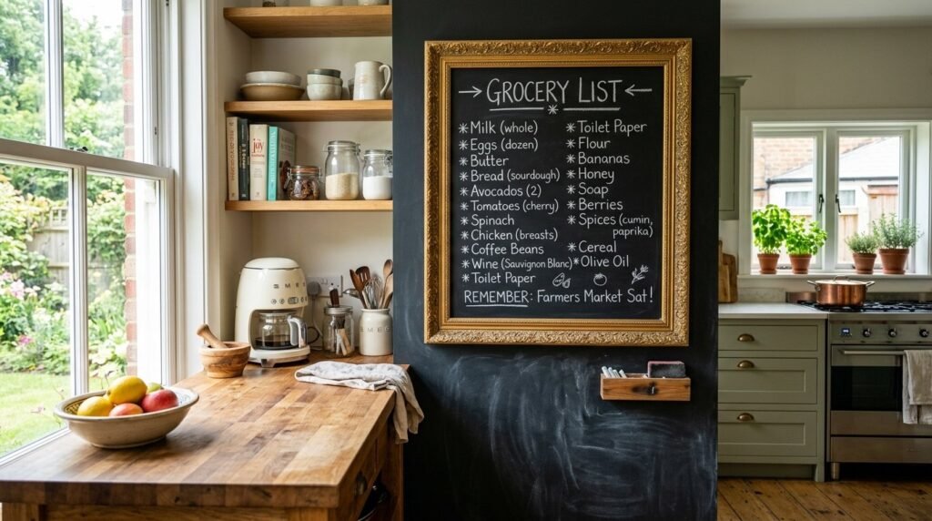 A stylish kitchen wall painted with chalkboard paint for menu planning and notes.