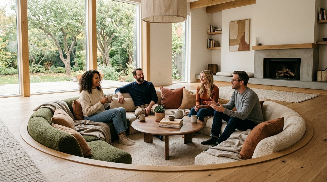 Four friends sitting on a round modular sofa in a sunlit living room with floor-to-ceiling windows and a fireplace.
