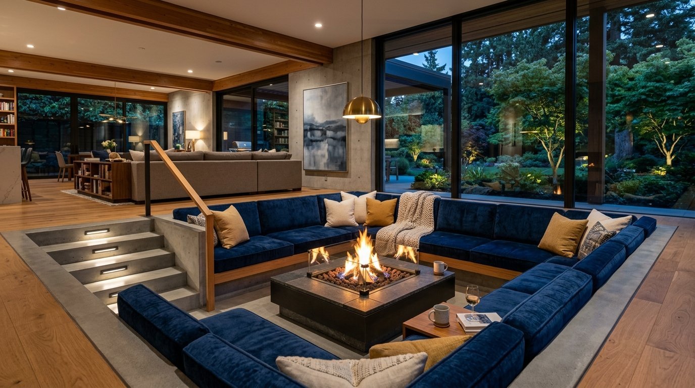 A conversation pit with blue sectional sofas surrounding a central square gas fire pit near floor-to-ceiling windows.