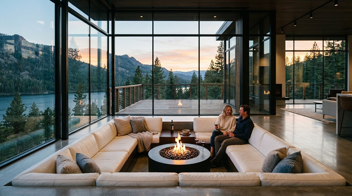 A man and woman sit on a white u-shaped sofa surrounding a lit fire pit in a room with floor-to-ceiling windows.