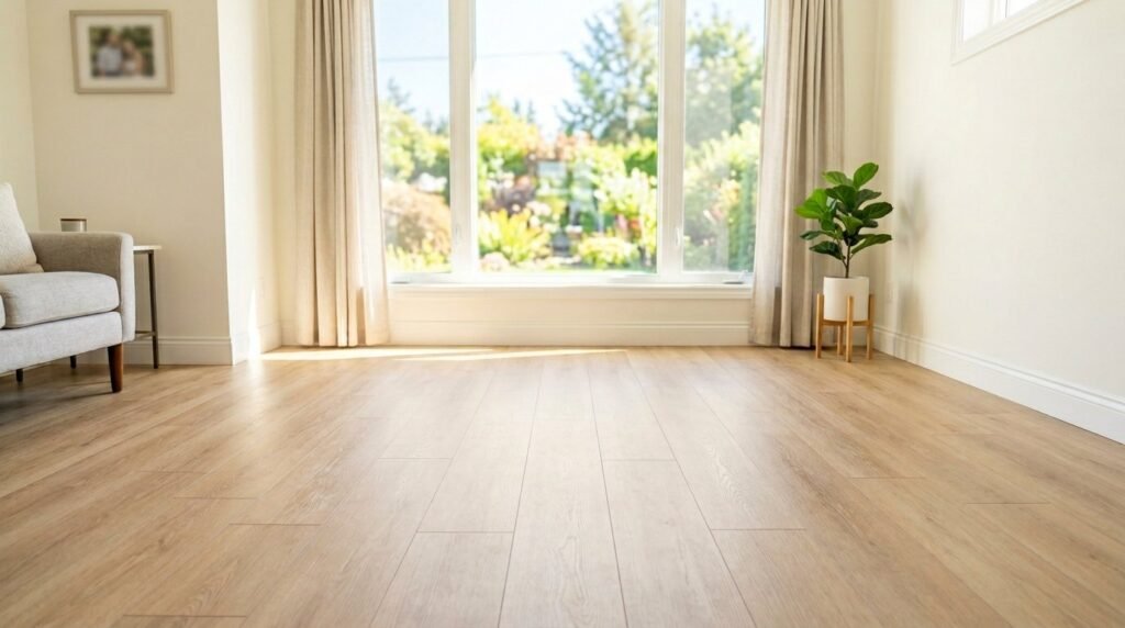 A sunlit room featuring a vintage vinyl record player setup during the golden hour.