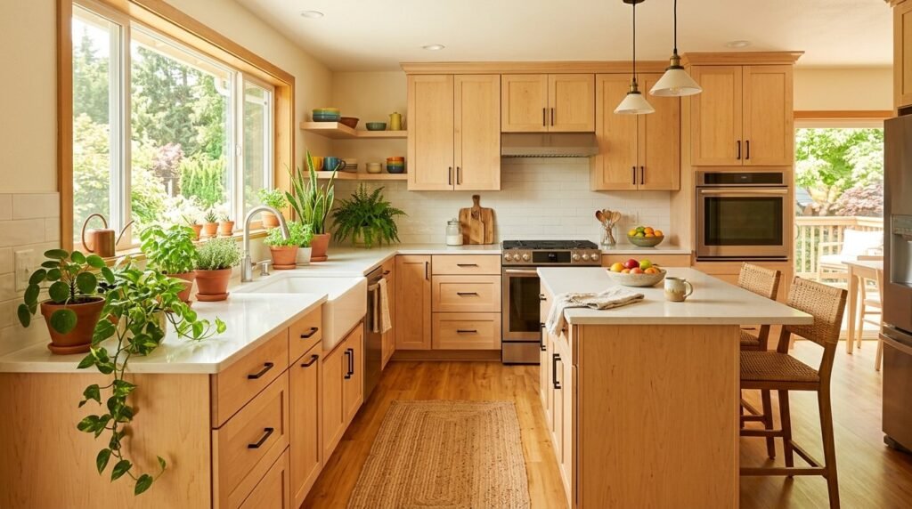 A bright sunny modern kitchen with clean countertops and natural light.