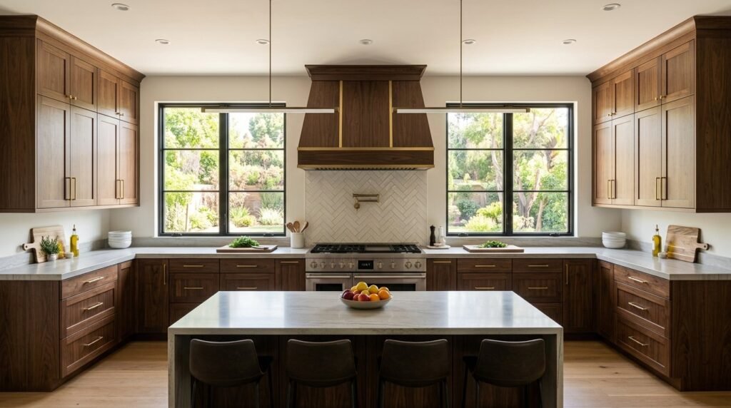A perfectly symmetrical modern kitchen design featuring clean lines and balanced cabinetry layout.