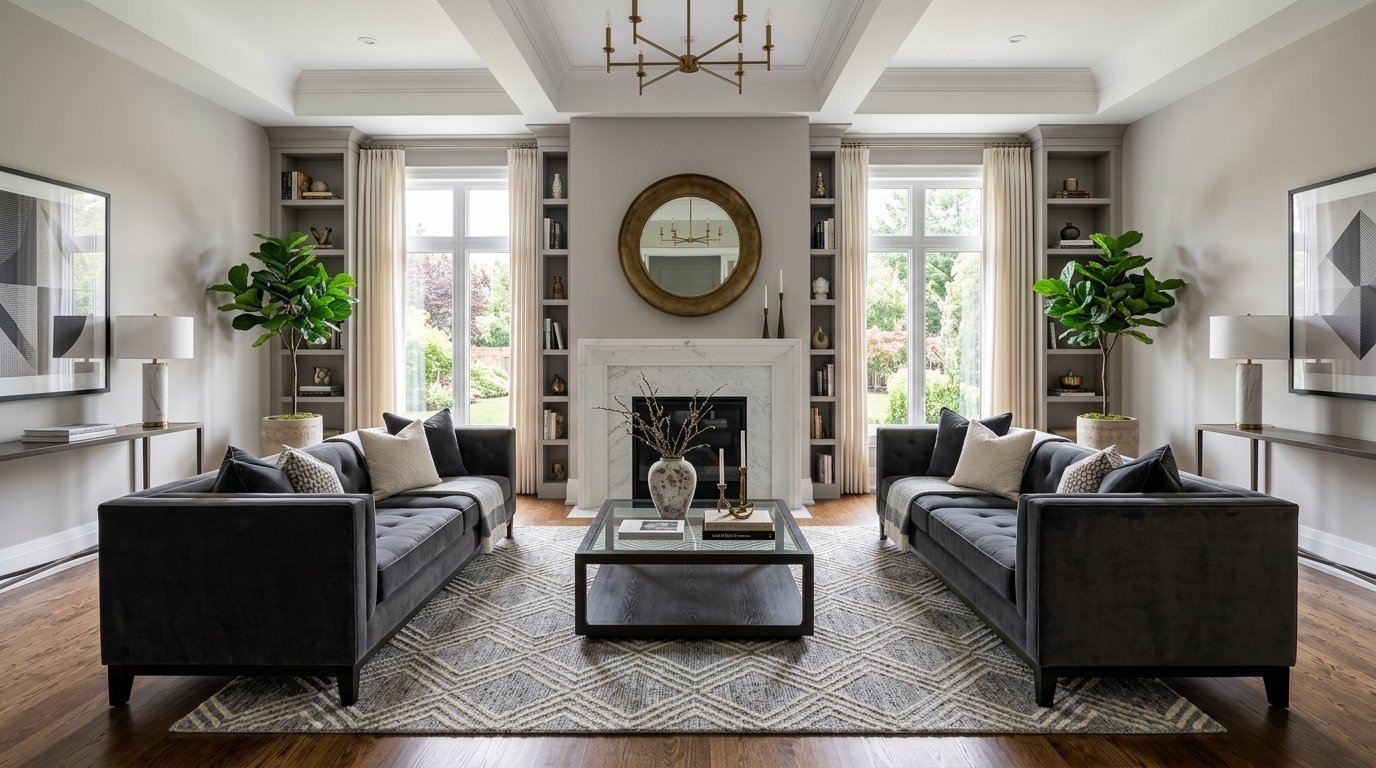 A symmetrical living room with charcoal velvet sofas, a glass coffee table, and a central marble fireplace.