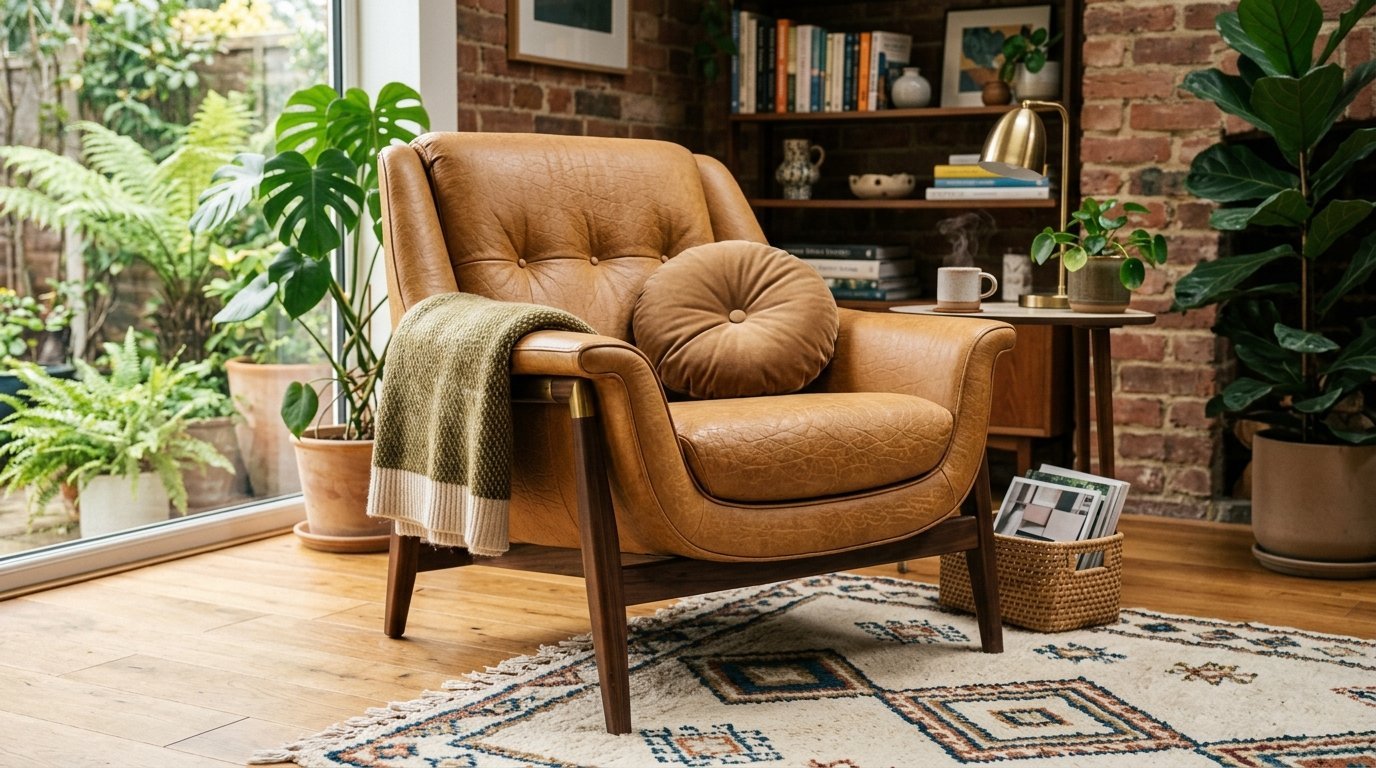 Tan leather mid-century modern accent chair featuring a round pillow, green throw blanket, and house plants.
