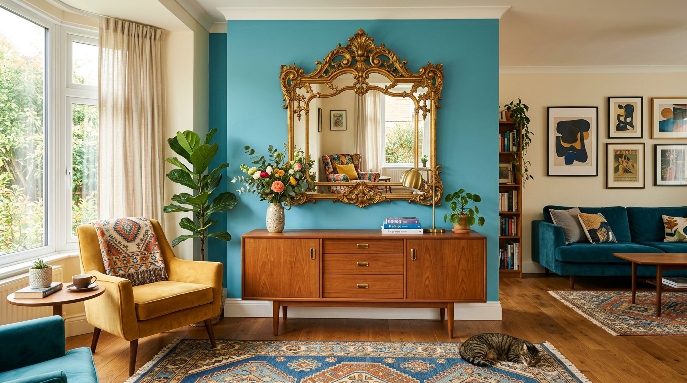A mid-century teak sideboard sits beneath a large ornate gold mirror on a bright teal wall in a cozy living space.