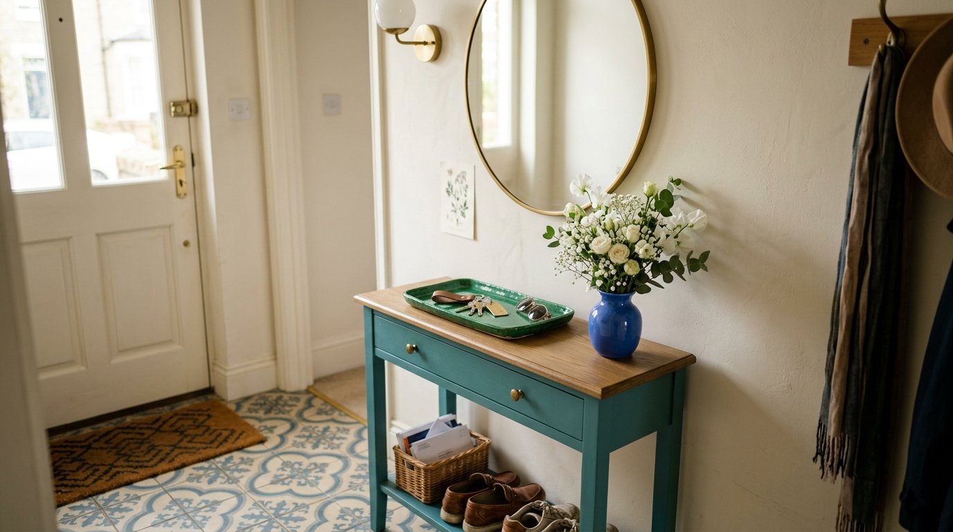 Blue ceramic vase with white flowers on a teal wooden entryway table.