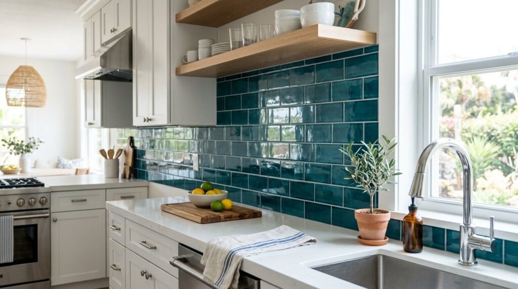Close up view of glossy teal glass subway tiles installed on a wall.