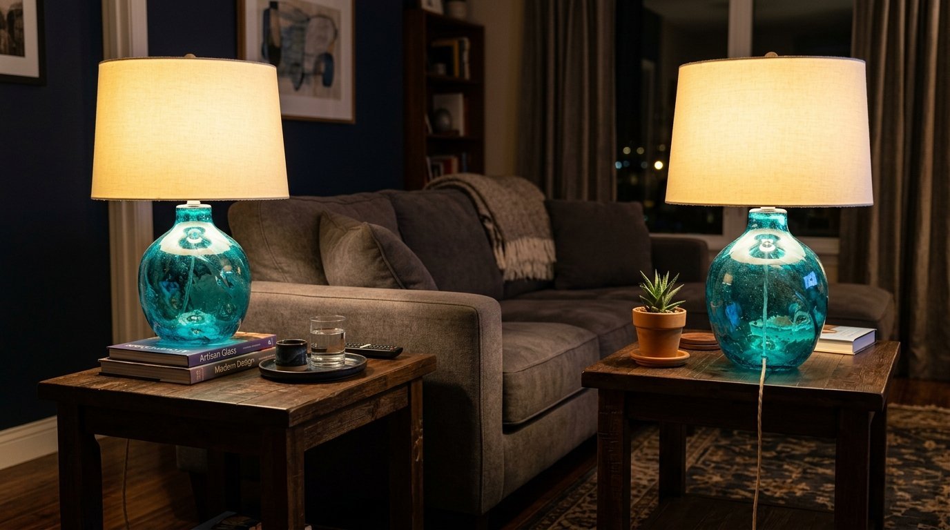 Two vibrant turquoise glass table lamps with white drum shades illuminating a cozy living room sofa area.