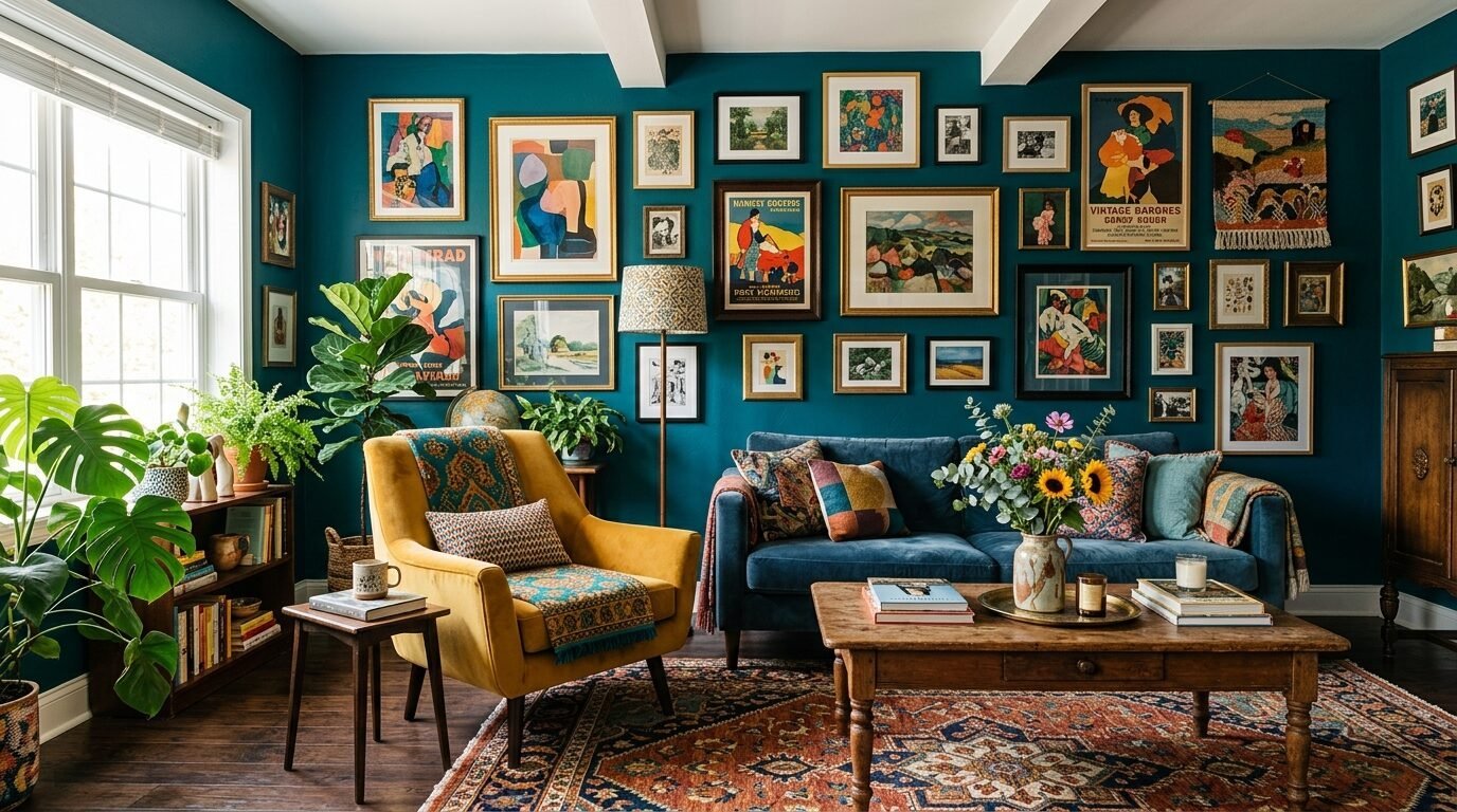Blue sofa and yellow armchair in a living room with dark teal walls covered in various framed art pieces.