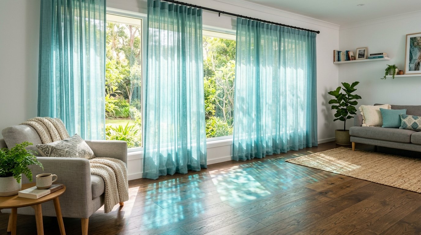 Bright living room with floor-to-ceiling turquoise drapes letting sunlight cast soft shadows on dark hardwood flooring.