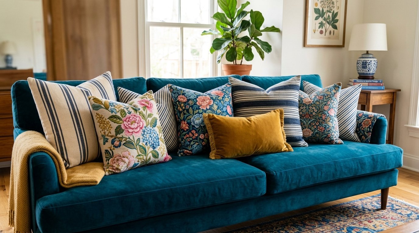 A plush teal sofa featuring a mix of blue striped and multicolored floral throw pillows with a gold velvet cushion.