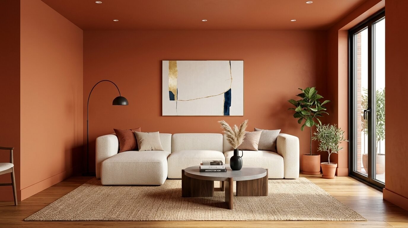 Modern white couch with neutral pillows and a round wooden coffee table in a room with orange walls and wood flooring.