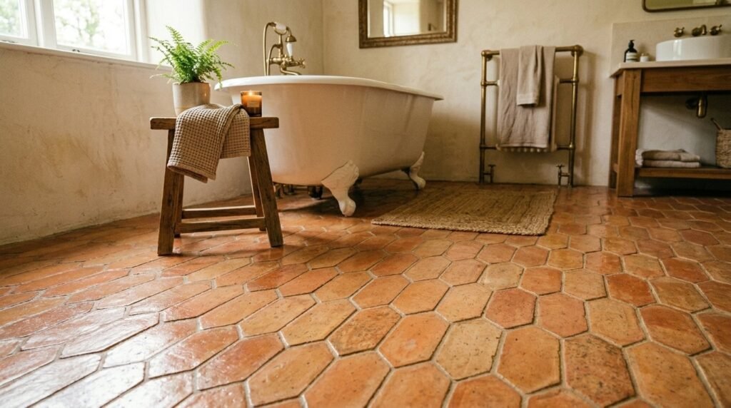 Beautiful terracotta picket tiles installed in a modern kitchen backsplash design.
