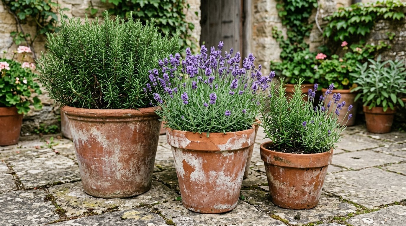 A rustic stone patio featuring three clay pots filled with fragrant rosemary and flowering lavender.