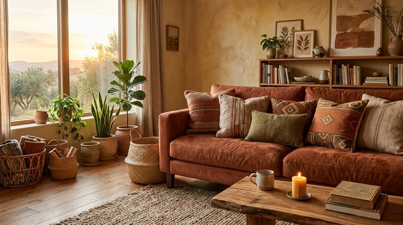 A warm, sun-drenched living room with a terracotta sofa, indoor plants, and a rustic wooden coffee table.